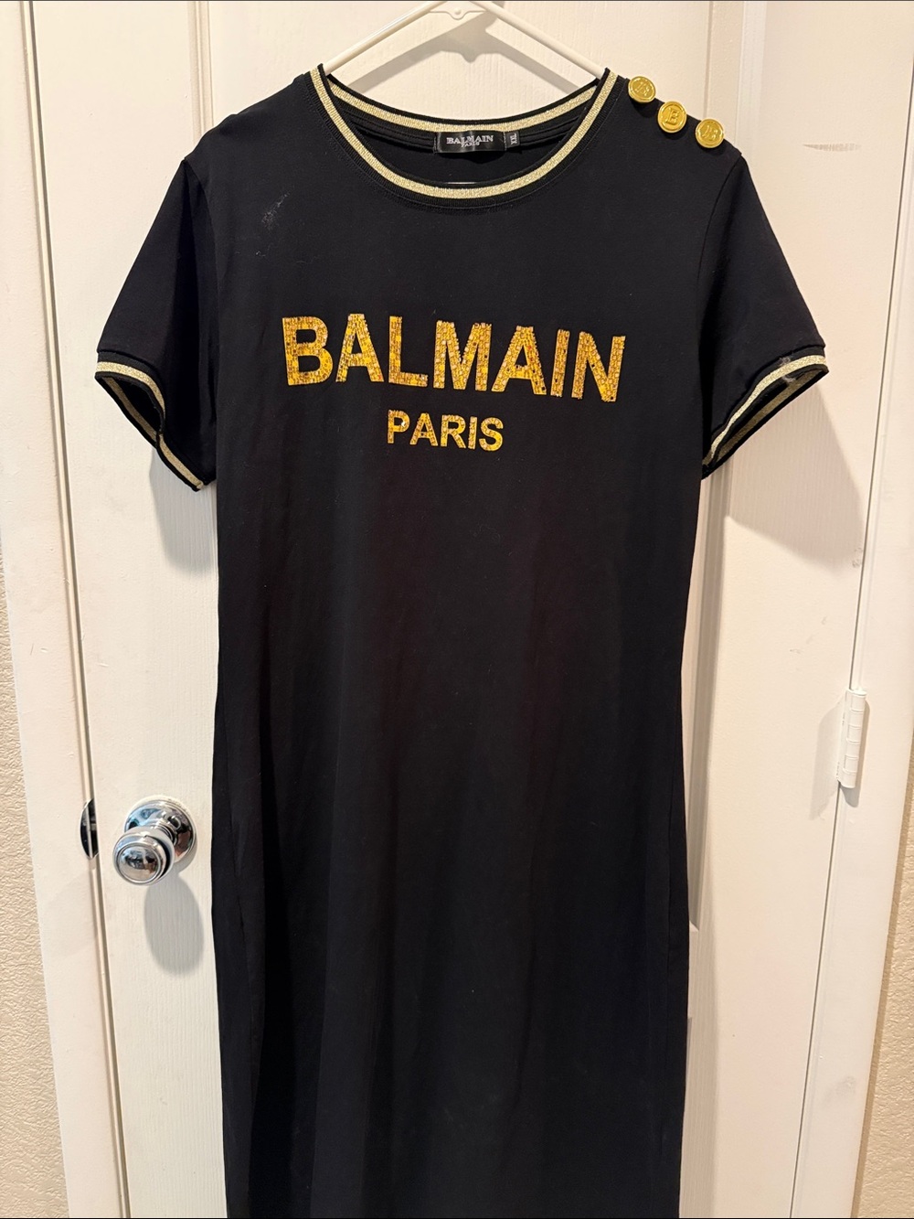 Black Stretchy Midi Dress with Gold and Button Detailing